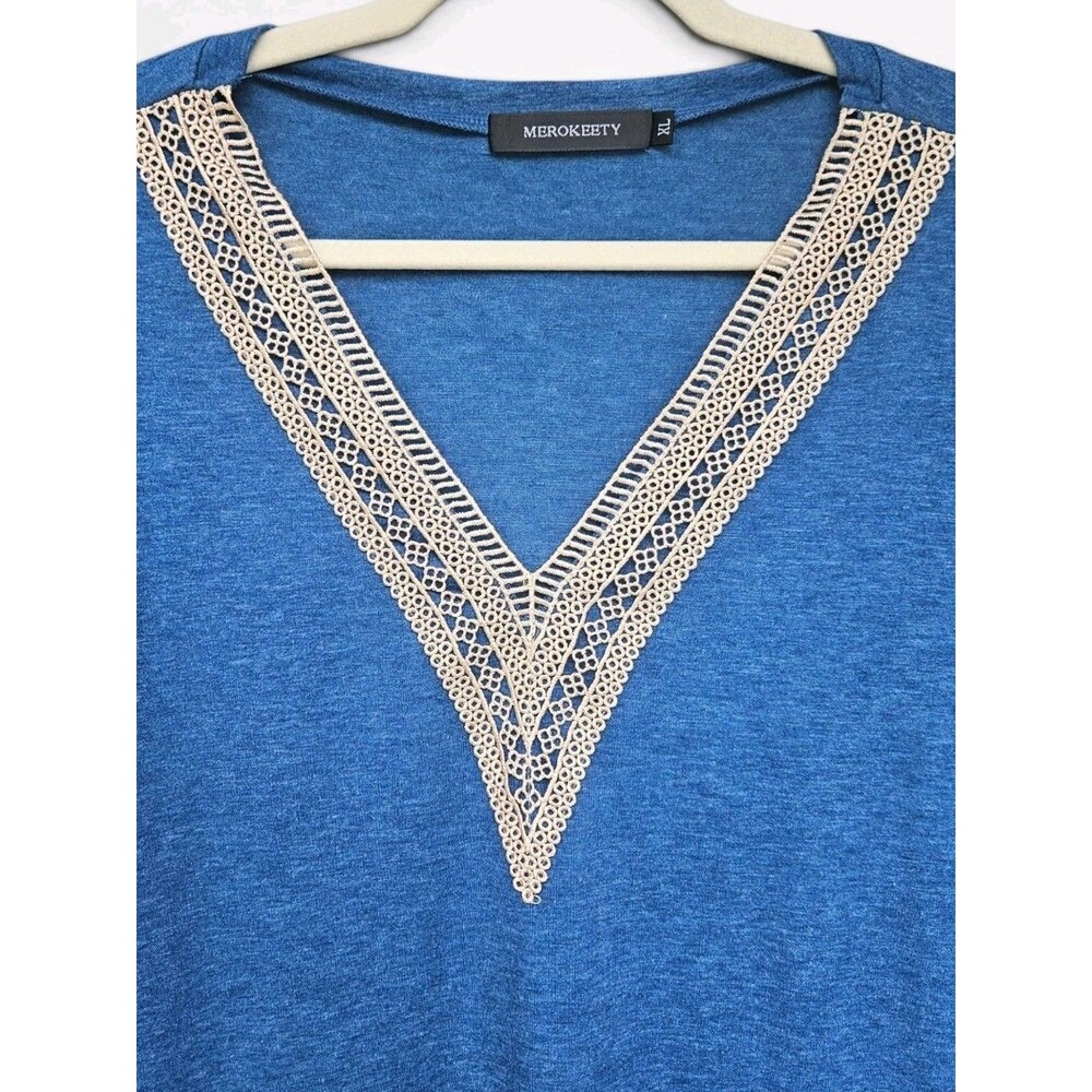 MEROKEETY Blouse Womens XL Blue Short Sleeve Stretch Lace Trim V-Neck